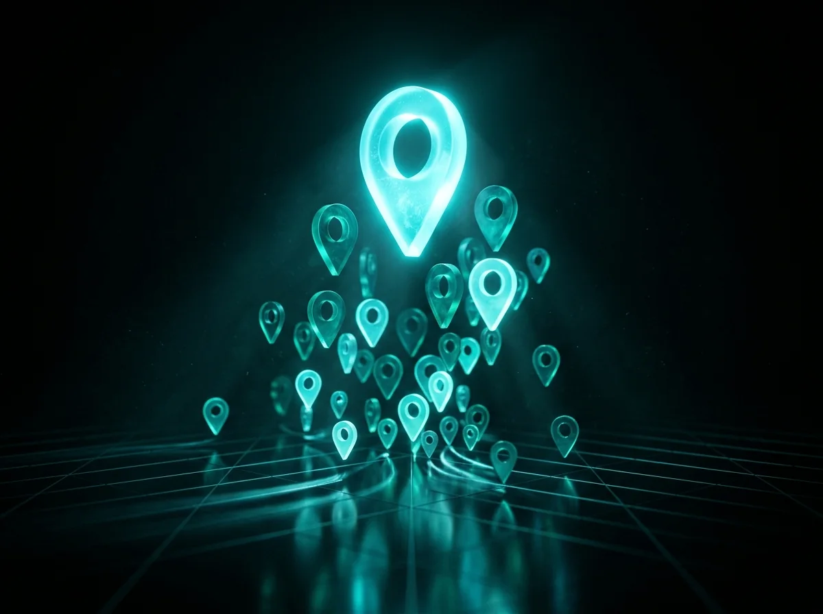 Abstract render of glowing map location pins above a dark grid