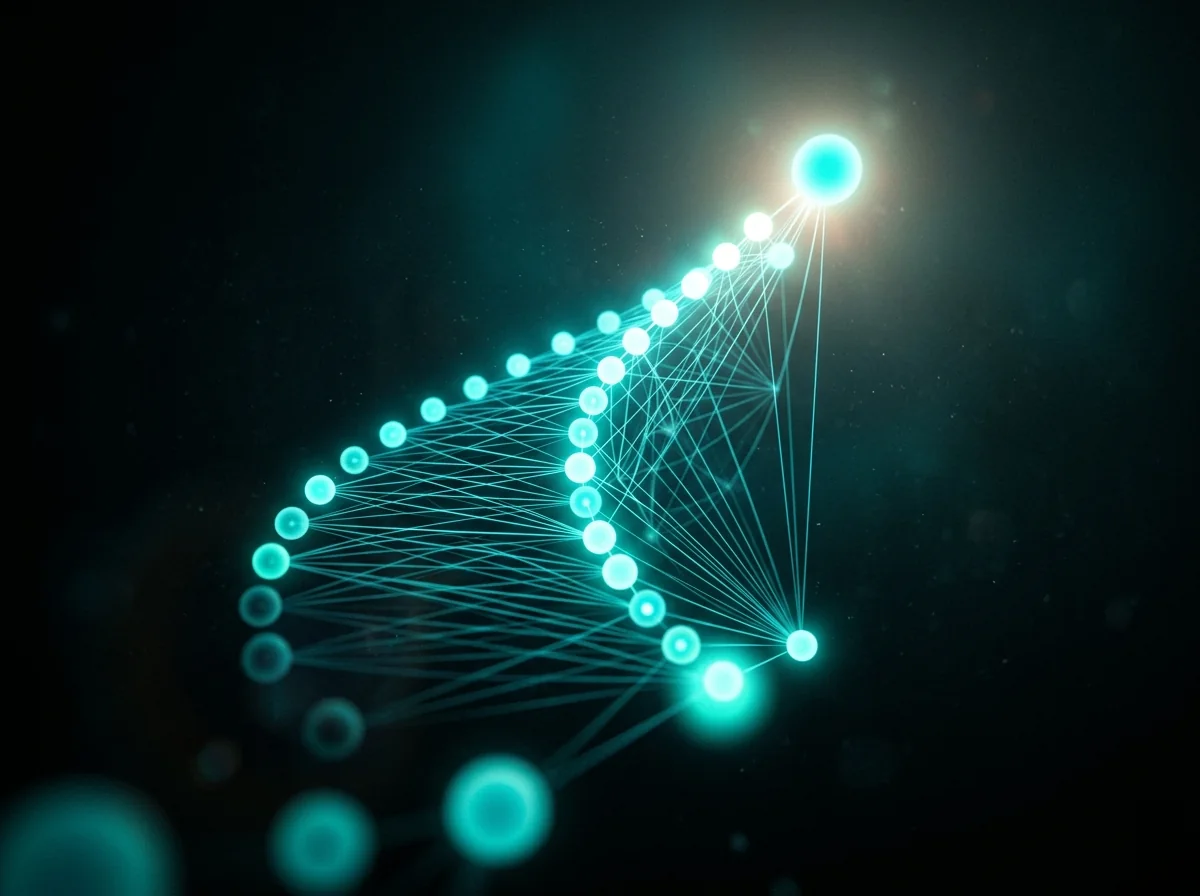 Abstract render of connected nodes ascending toward a bright apex
