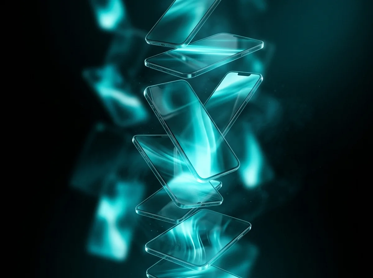 Abstract render of stacked glowing phone screens