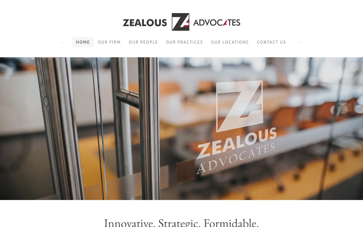 The firm's existing website: centered logo, six-item navigation, and a stock office photo above the fold